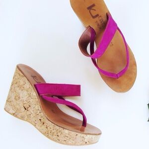 LIKE NEW K.Jacques Pink Cork Wedge Thong Sandals Size 38